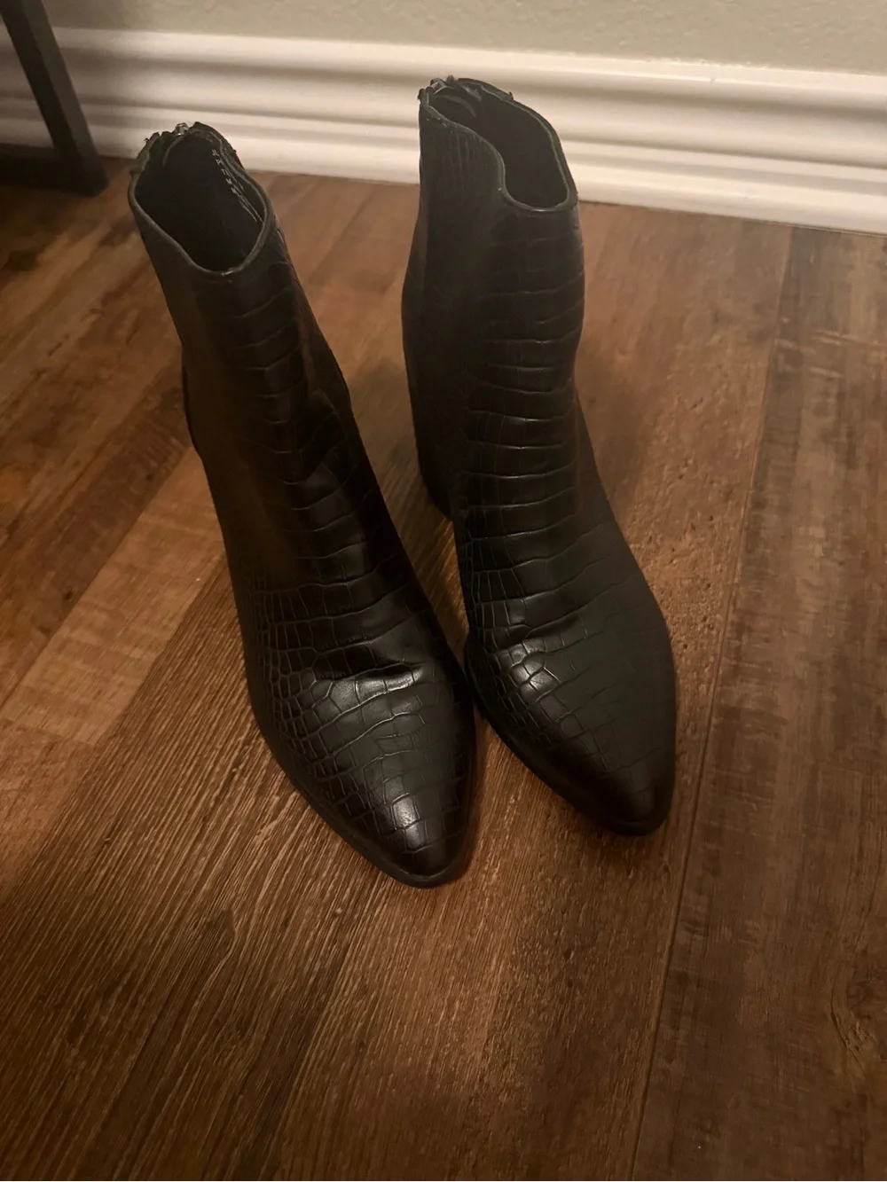 Steve Madden Black Croc-Embossed Pointed Ankle Booties